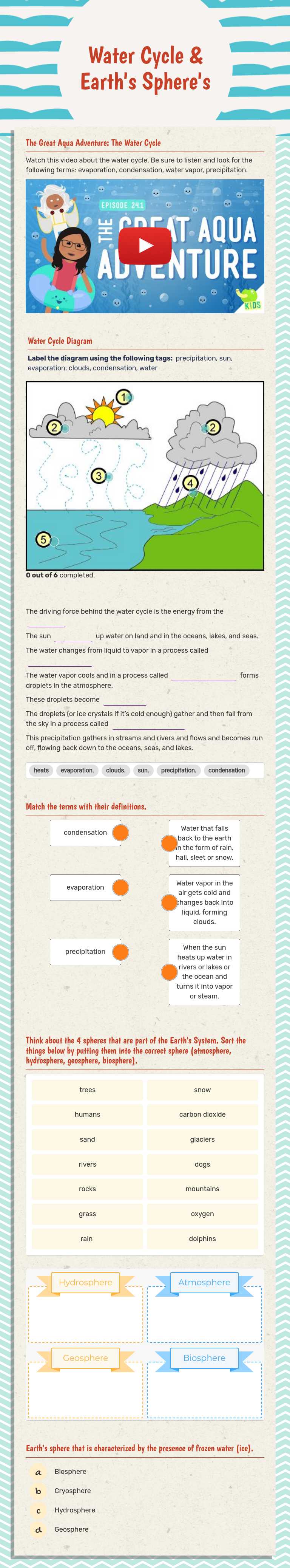 Water Cycle & Earth's Sphere's worksheet preview image