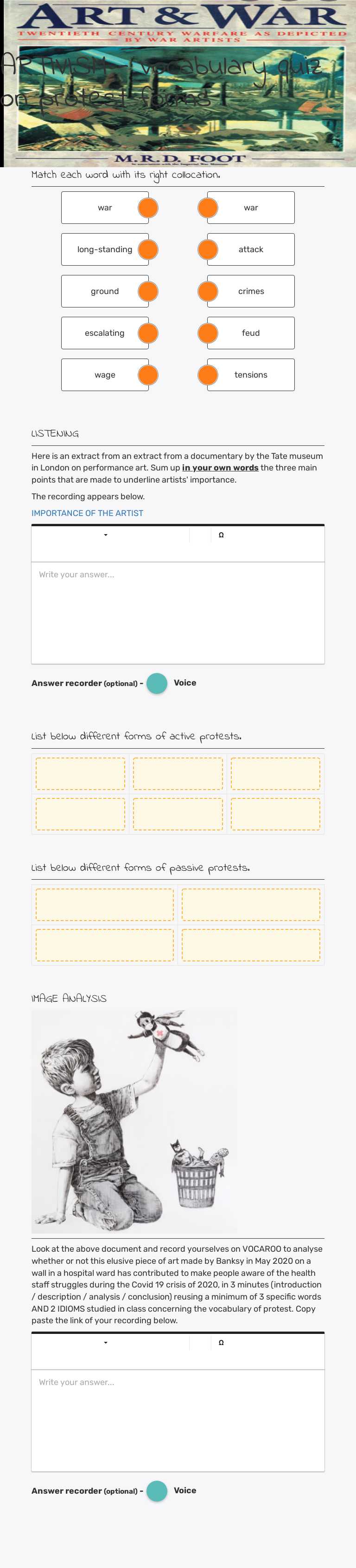 ARTIVISM - vocabulary quiz on protest forms worksheet preview