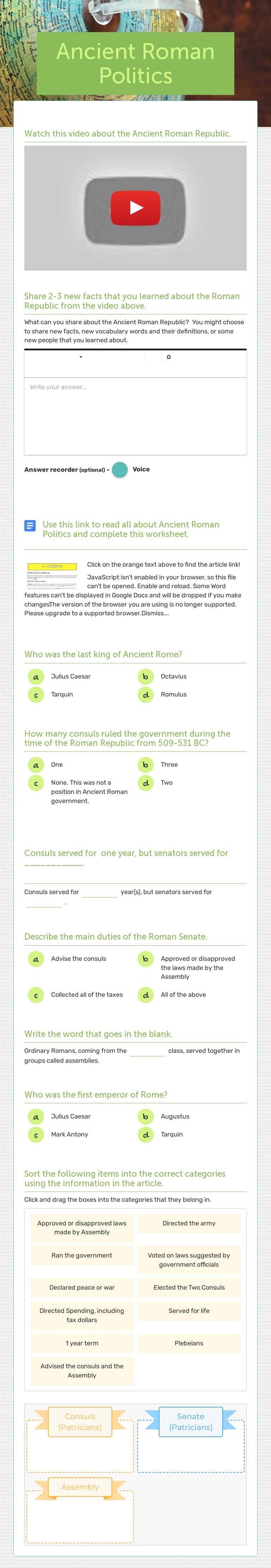 Ancient Roman Politics worksheet preview image