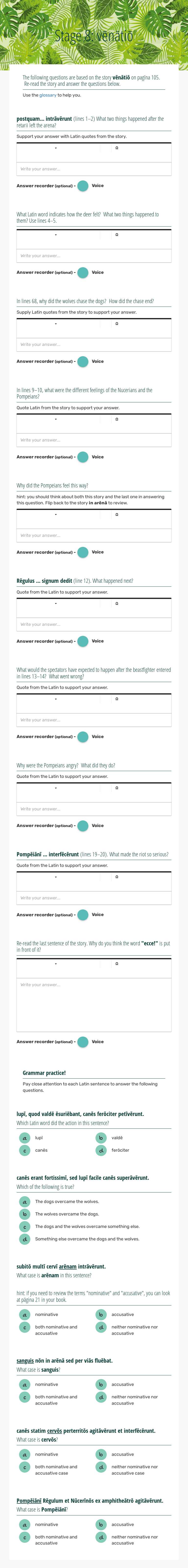 Stage 8: vēnātiō worksheet preview image