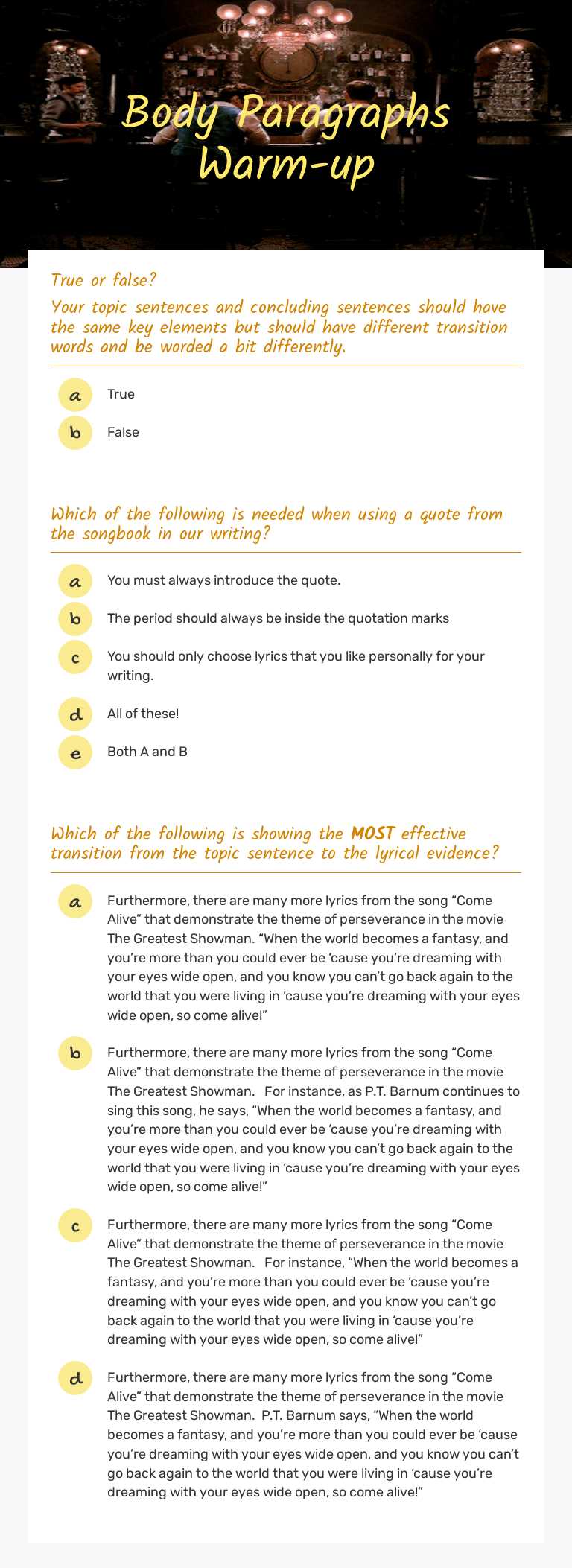 Body Paragraphs Warm-up worksheet preview image