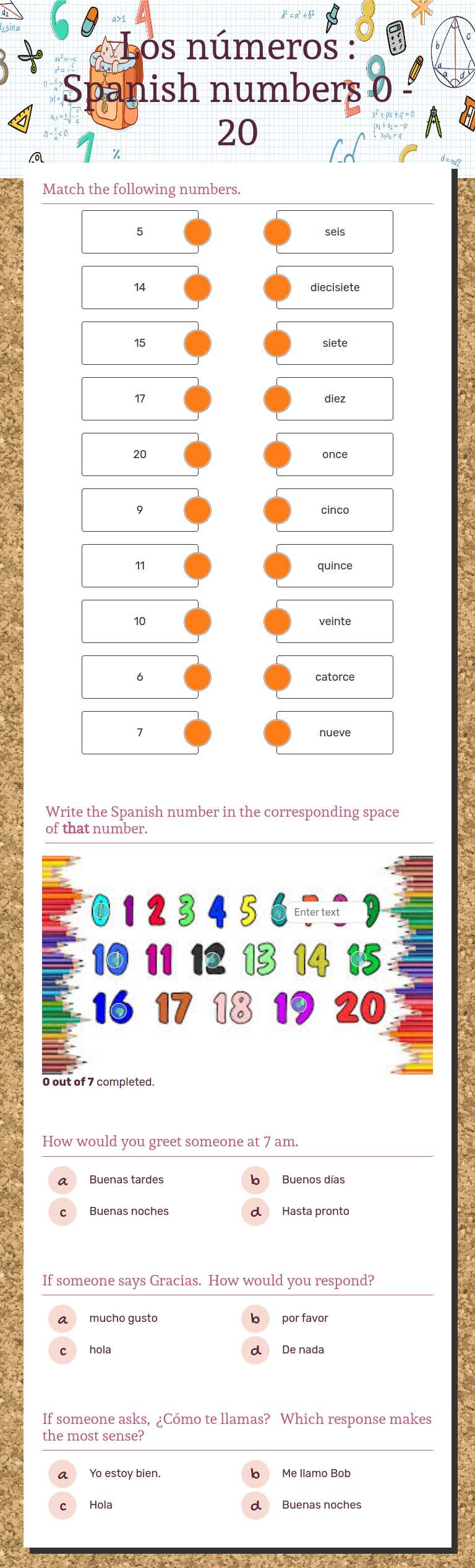 Los números : Spanish numbers 0 - 20 worksheet preview image
