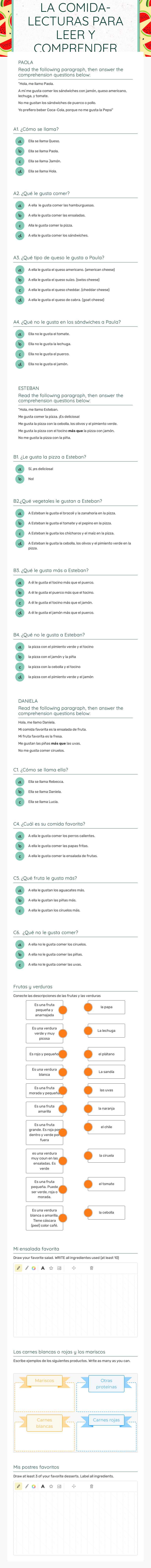 LA COMIDA- 
LECTURAS PARA LEER Y COMPRENDER worksheet preview image