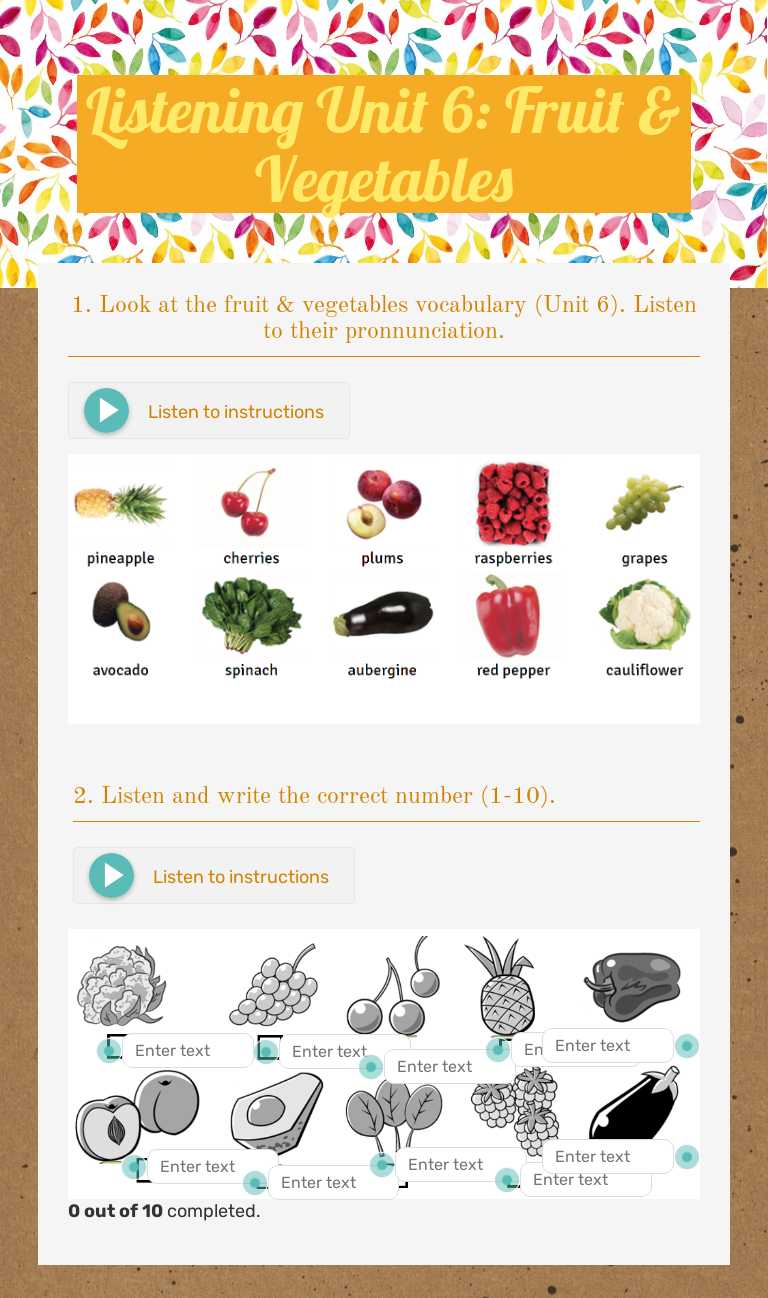 Listening Unit 6: Fruit & Vegetables worksheet preview image