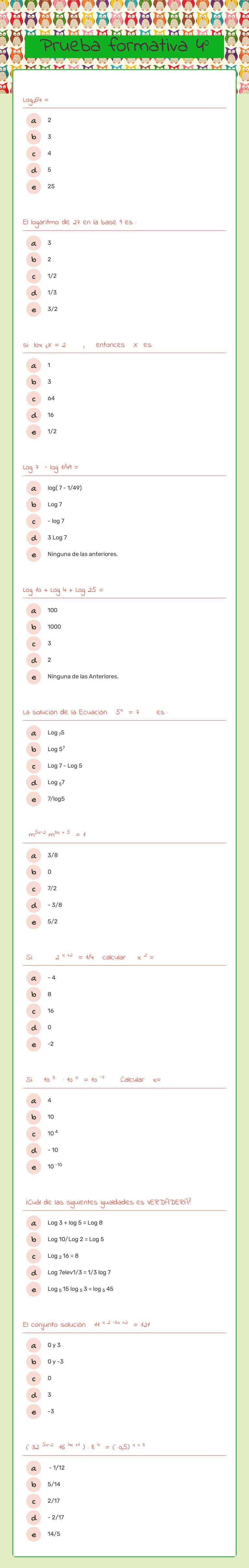 Prueba formativa 4° Grade 12 worksheet preview