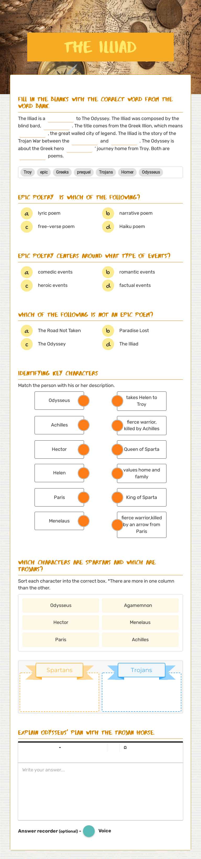 The Illiad Grade 9 worksheet preview