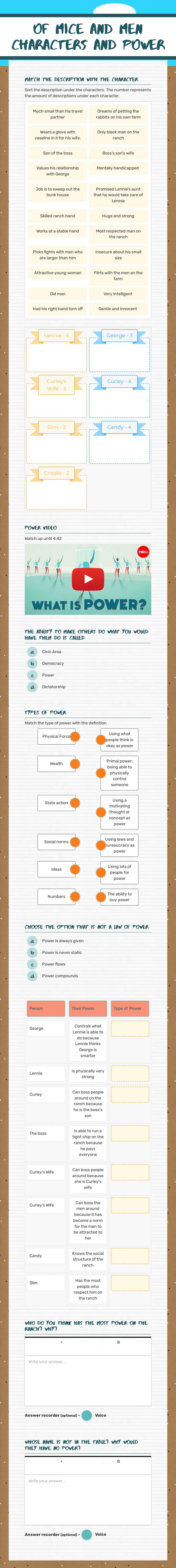 Of Mice and Men
Characters and Power Grade 10 worksheet preview