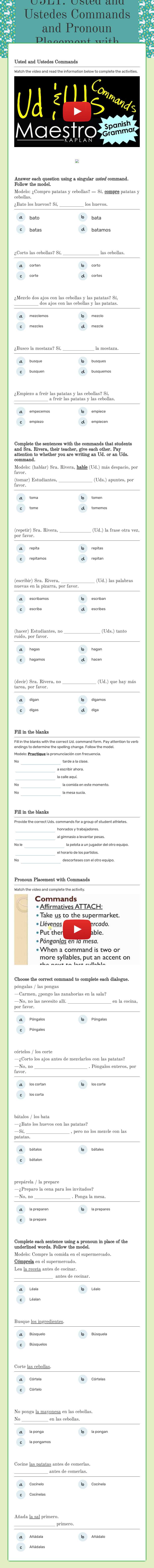 U5L1: Usted and Ustedes Commands and Pronoun Placement with Commands worksheet preview image