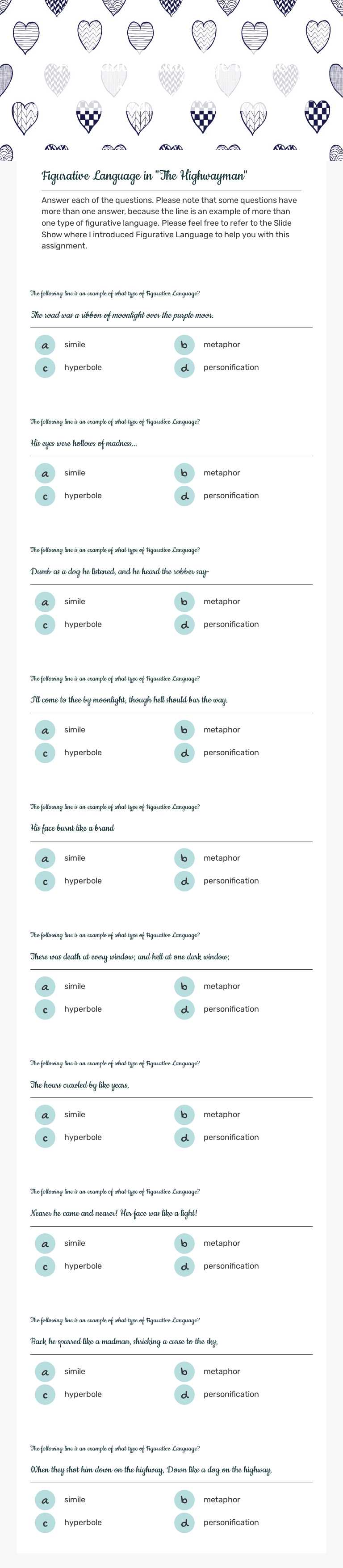 Figurative Langauge in The Highwayman worksheet preview image