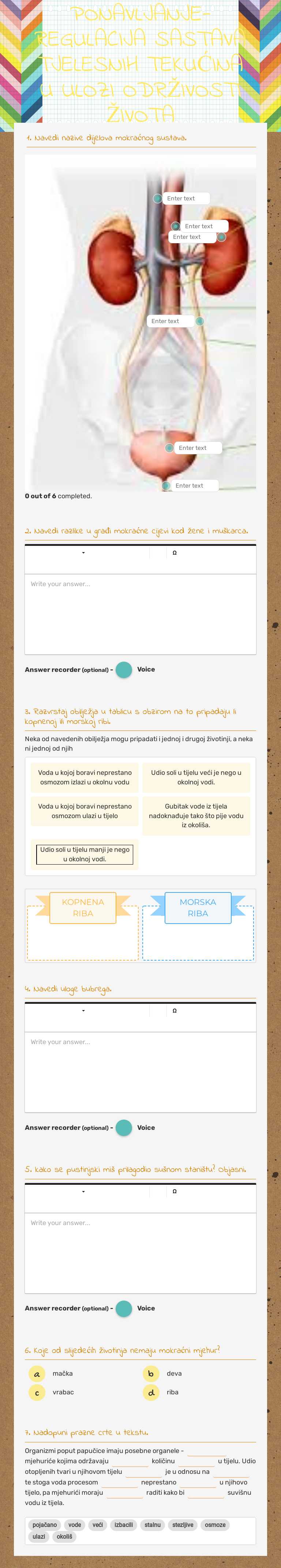PONAVLJANJE- REGULACIJA SASTAVA TJELESNIH TEKUĆINA U ULOZI ODRŽIVOSTI ŽIVOTA Grade 8 worksheet preview