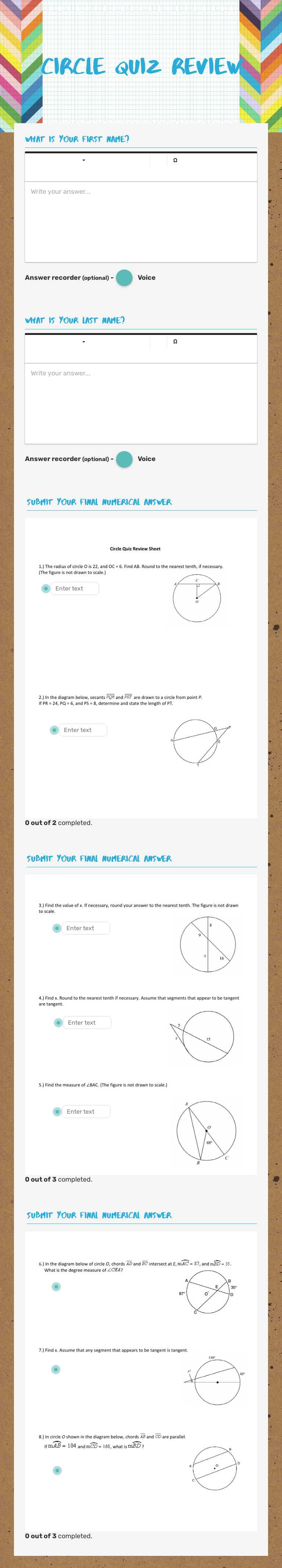 Circle quiz review worksheet preview image