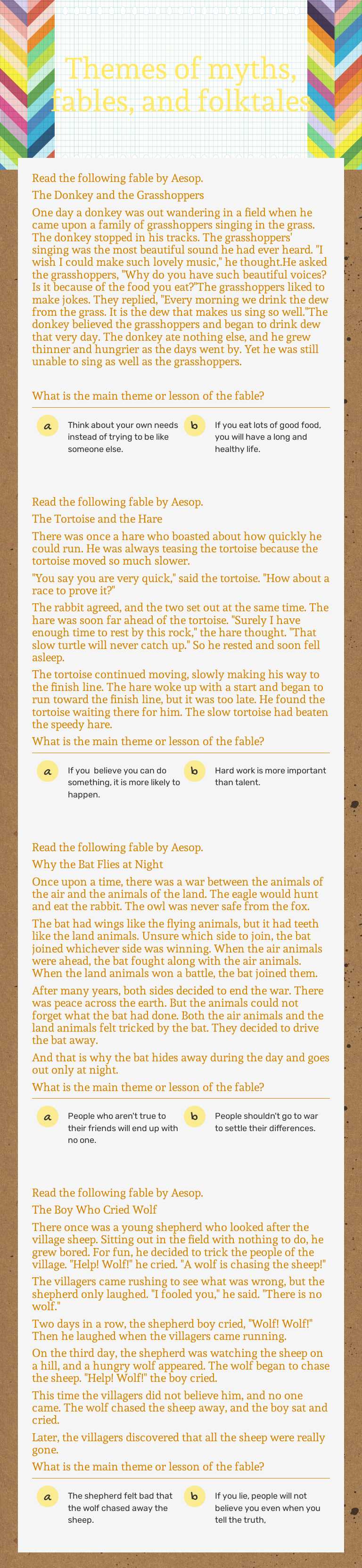 Themes of myths, fables, and folktales worksheet preview image