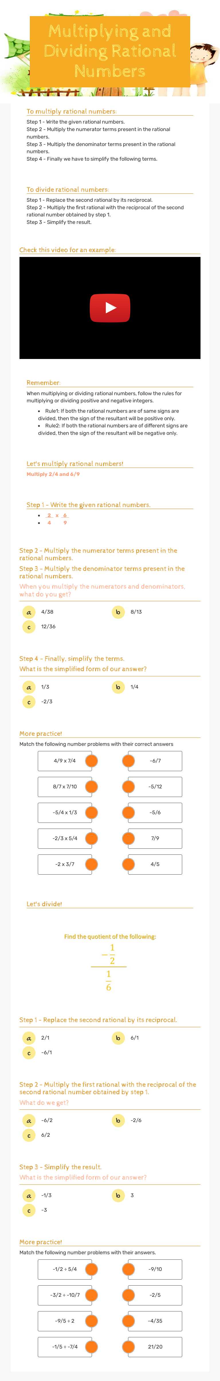 Multiplying and Dividing Rational Numbers Grade 6 worksheet preview