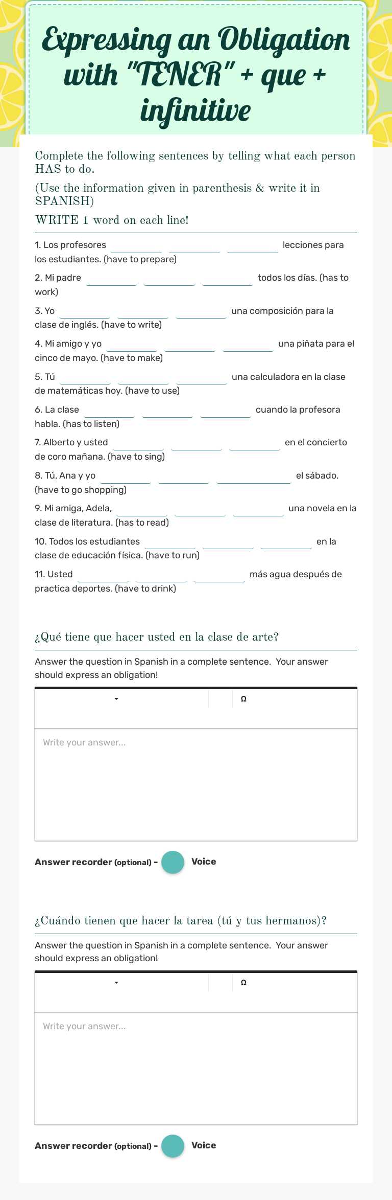 Expressing an Obligation with "TENER" + que + infinitive worksheet preview image