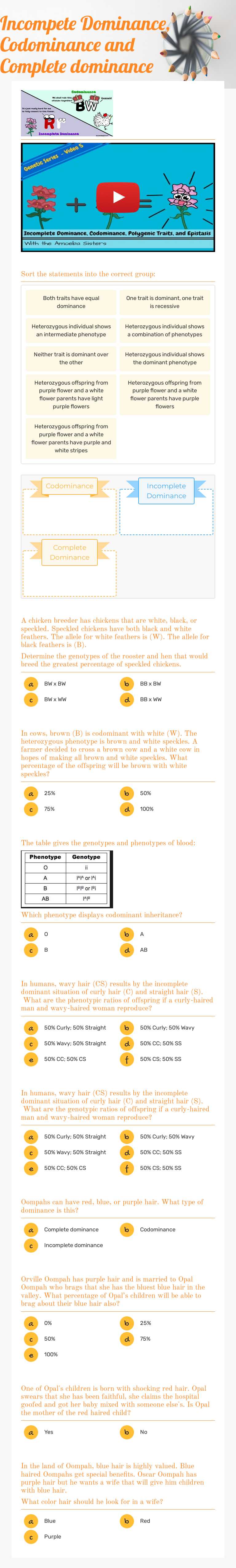 Incompete Dominance, Codominance and Complete dominance Grade 10 worksheet preview