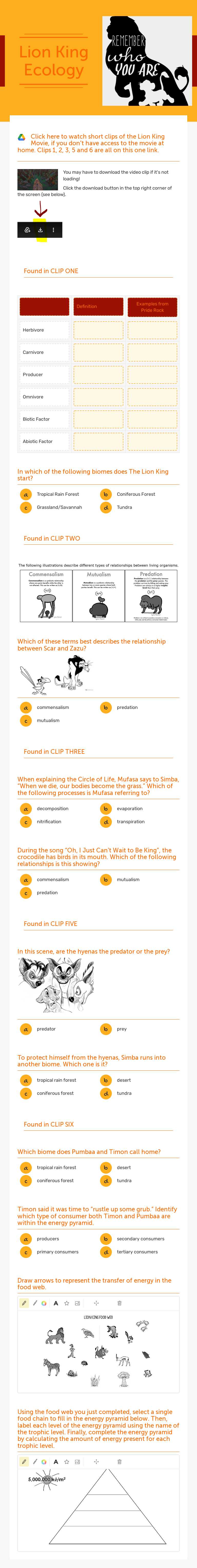 Lion King Ecology worksheet preview image