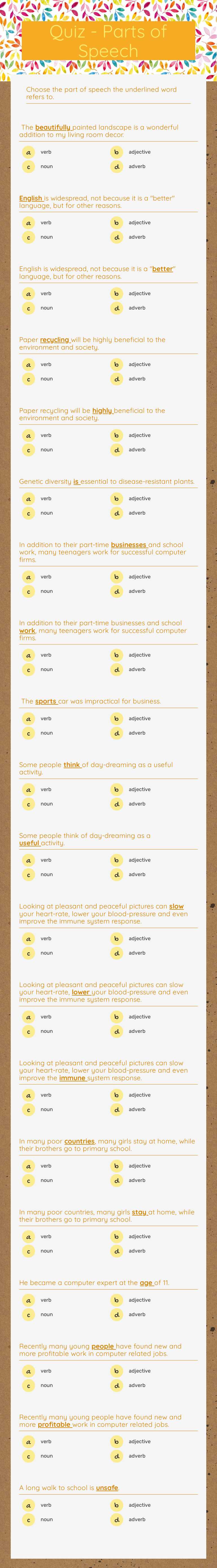 Quiz - Parts of Speech worksheet preview image