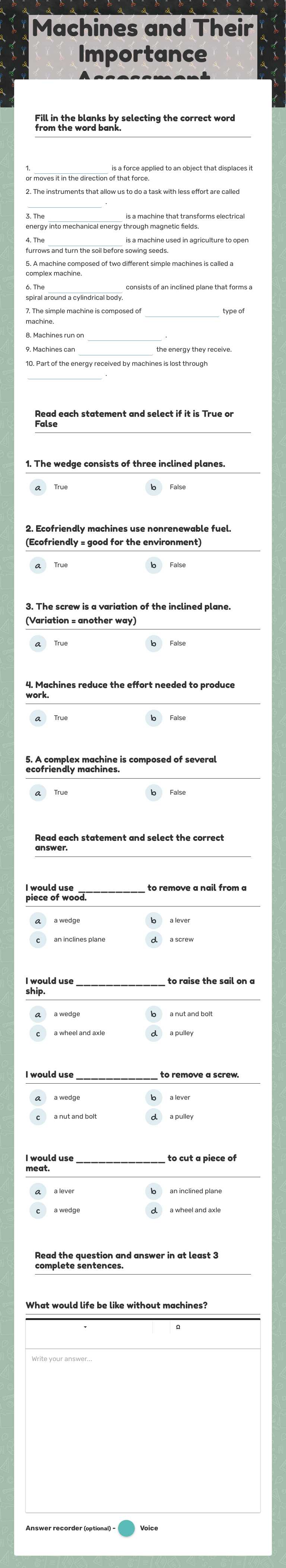 Machines and Their Importance Assessment worksheet preview image