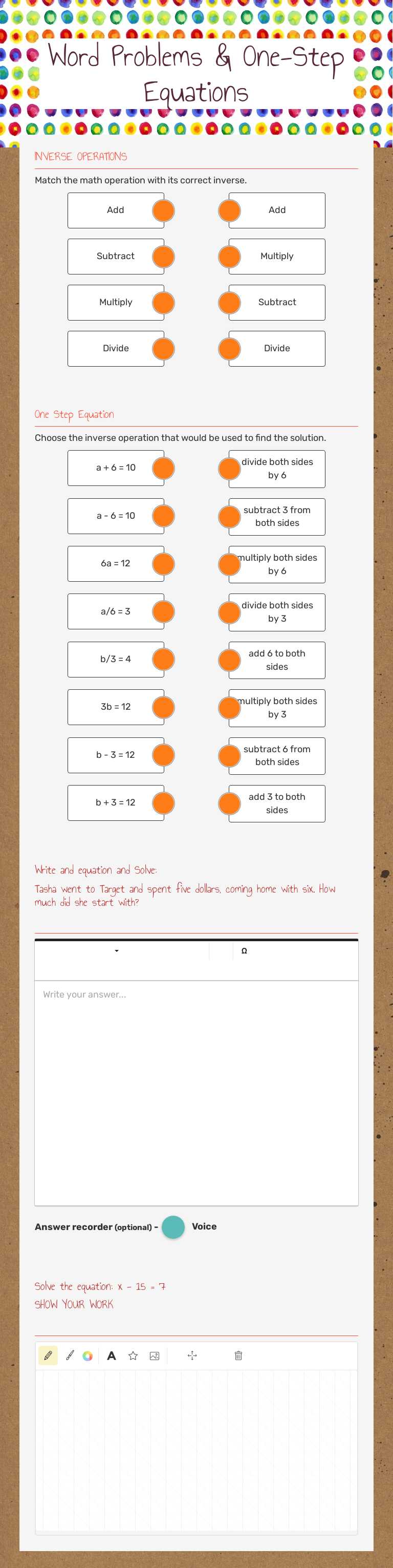 Word Problems          & One-Step Equations worksheet preview image