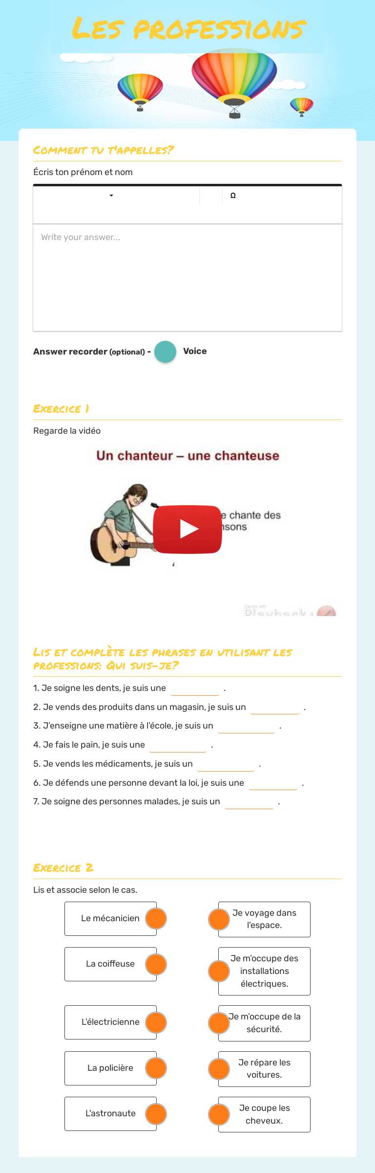 Les professions worksheet preview image