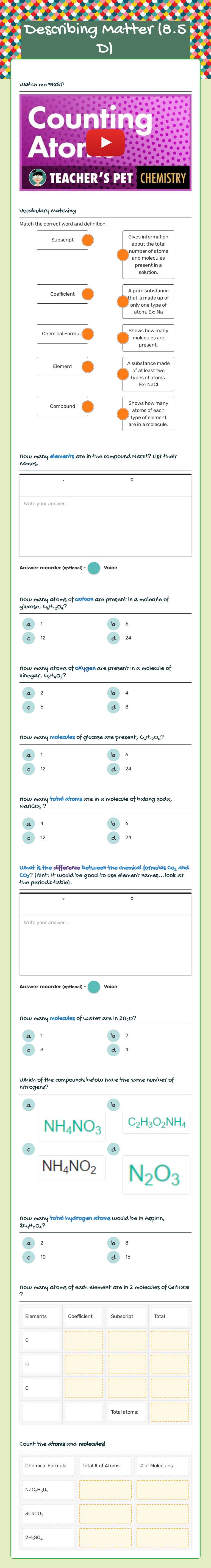 Describing Matter  (8.5 D) worksheet preview image