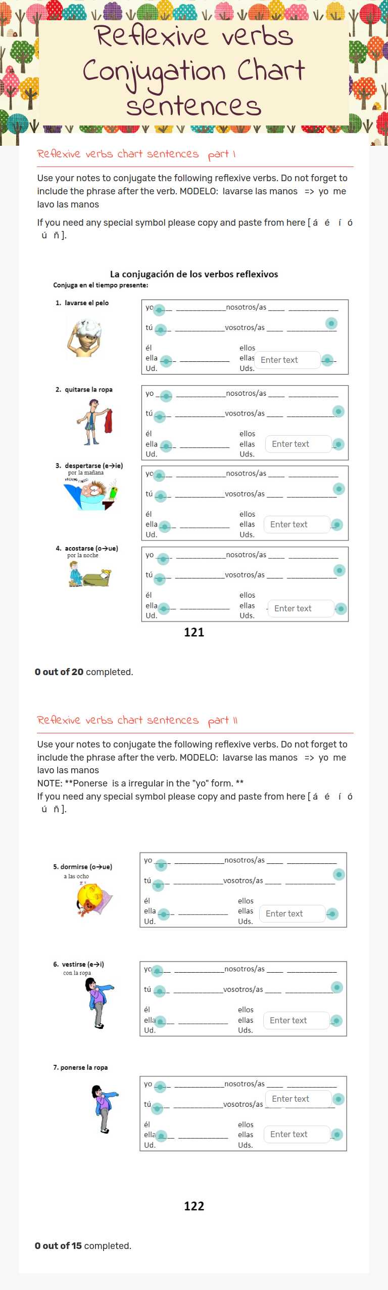 Reflexive verbs Conjugation Chart sentences worksheet preview image