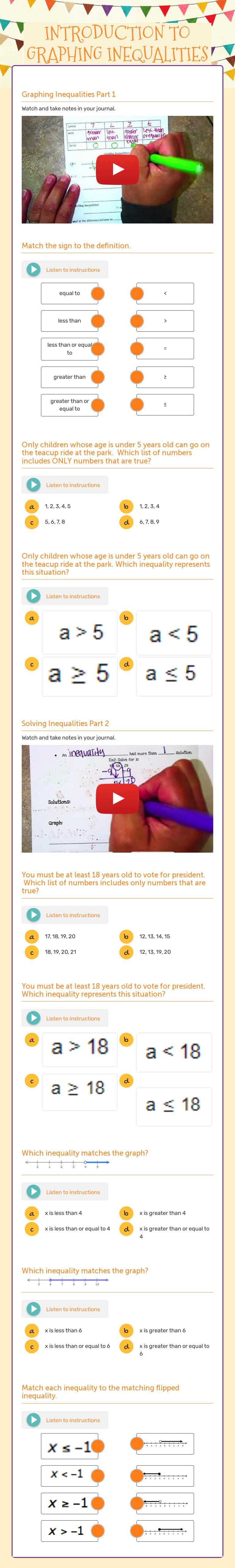 INTRODUCTION TO GRAPHING INEQUALITIES Grade 6 worksheet preview
