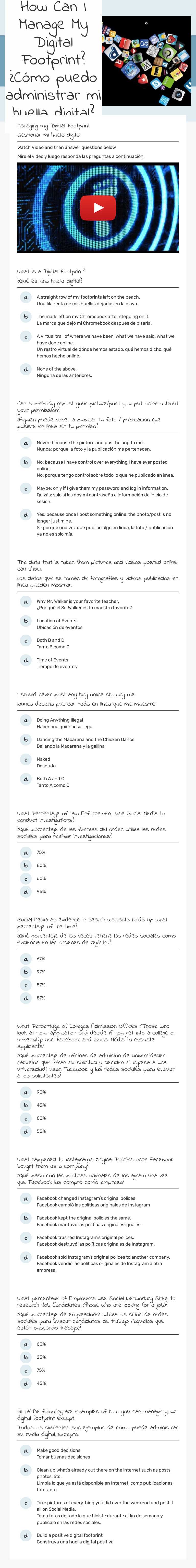 How Can I Manage My Digital Footprint?

¿Cómo puedo administrar mi huella digital? Grade 7 worksheet preview