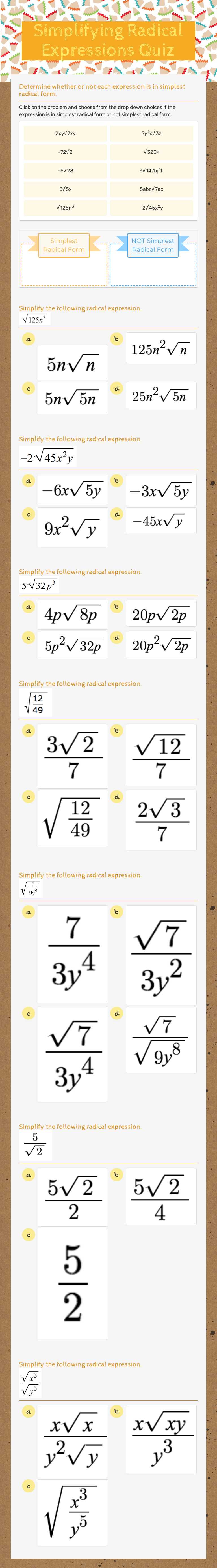 Simplifying Radical Expressions Quiz Grade 9 worksheet preview
