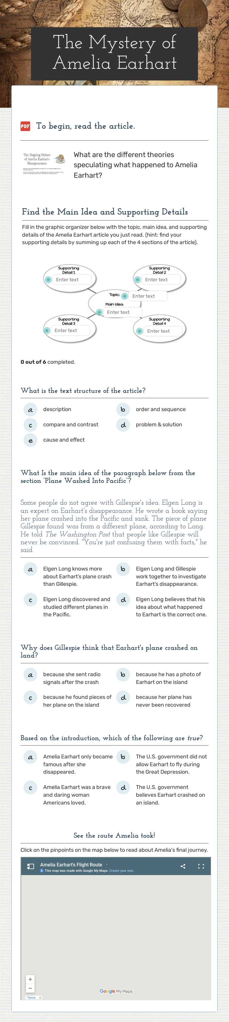 The Mystery of Amelia Earhart Grade 7 worksheet preview