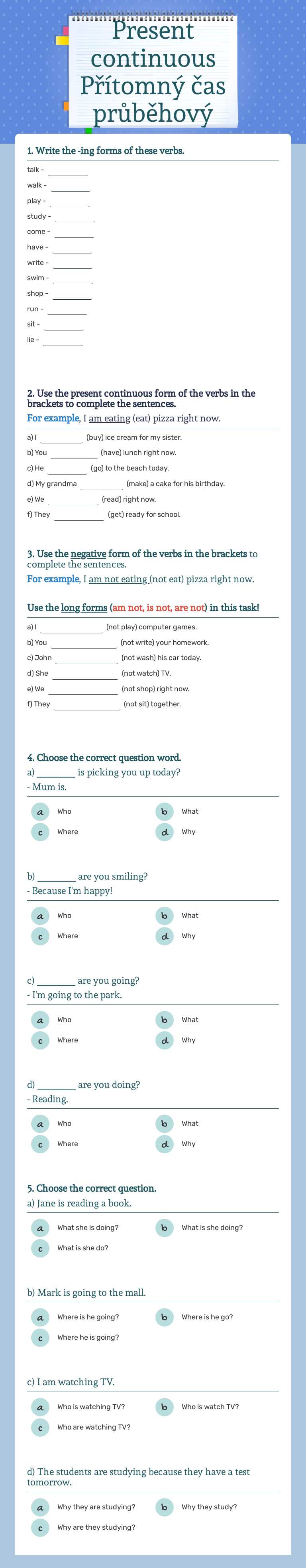 Present continuous Přítomný čas průběhový worksheet preview image