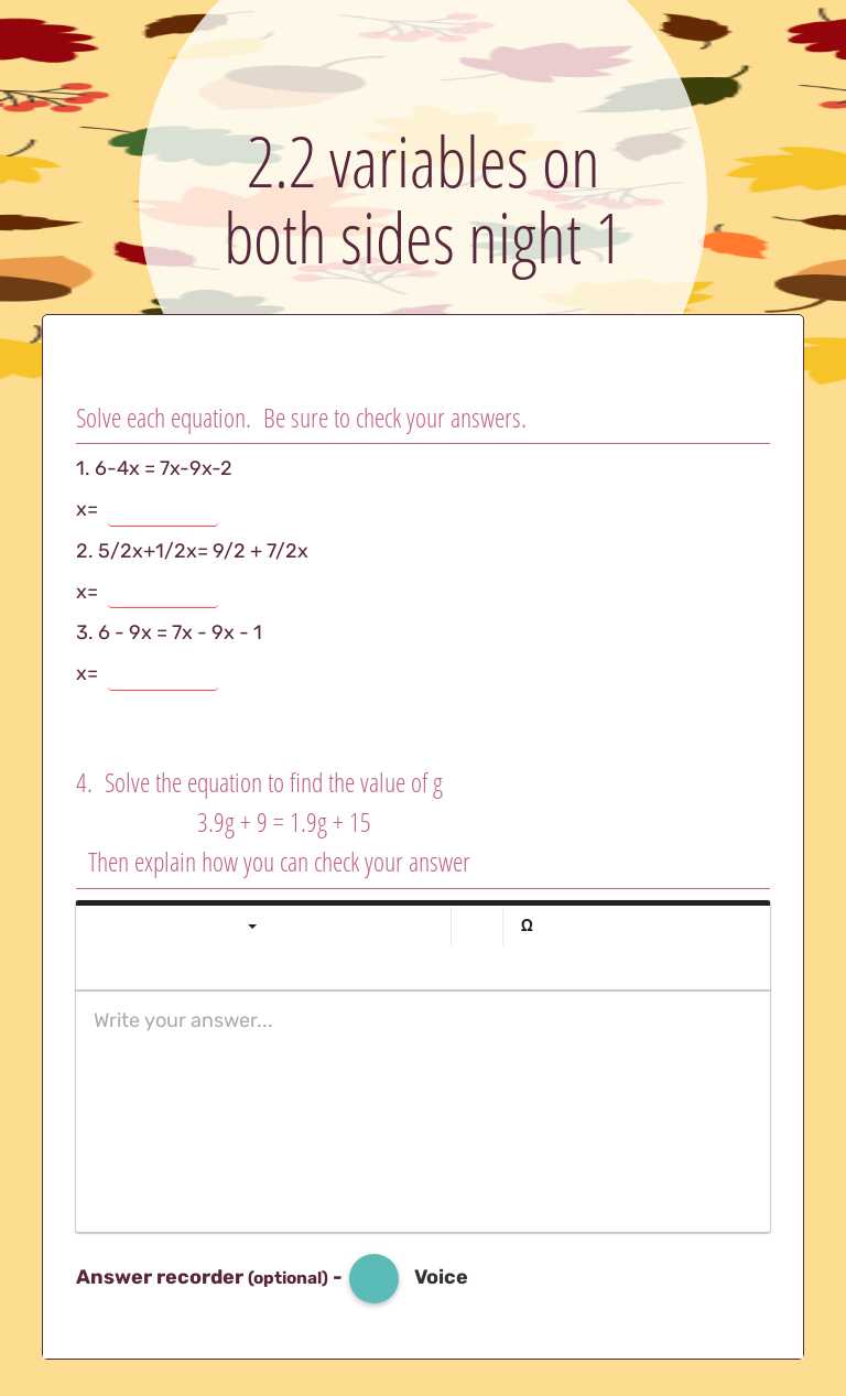 2.2 variables on both sides night 1 Grade 8 worksheet preview