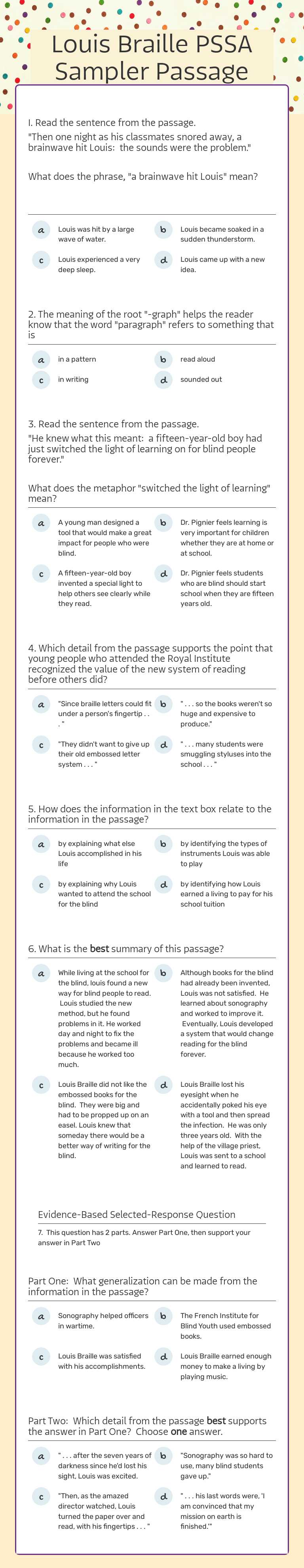 Louis Braille        PSSA Sampler Passage worksheet preview image