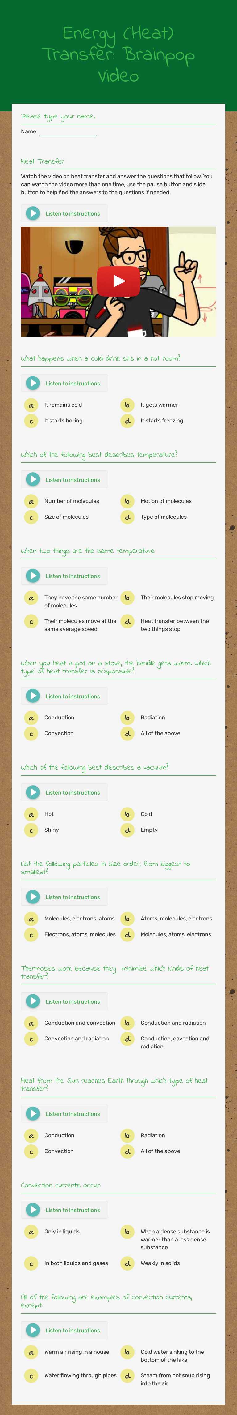 Energy (Heat) Transfer: Brainpop Video worksheet preview image
