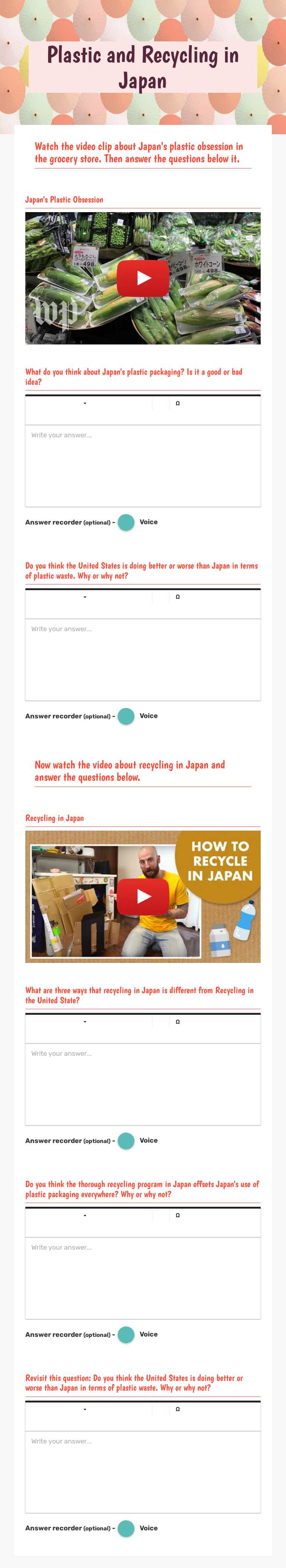 Plastic and Recycling in Japan Grade 10 worksheet preview