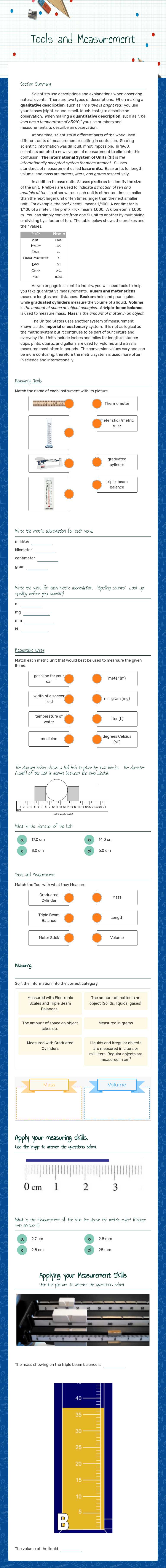 Tools and Measurement worksheet preview image