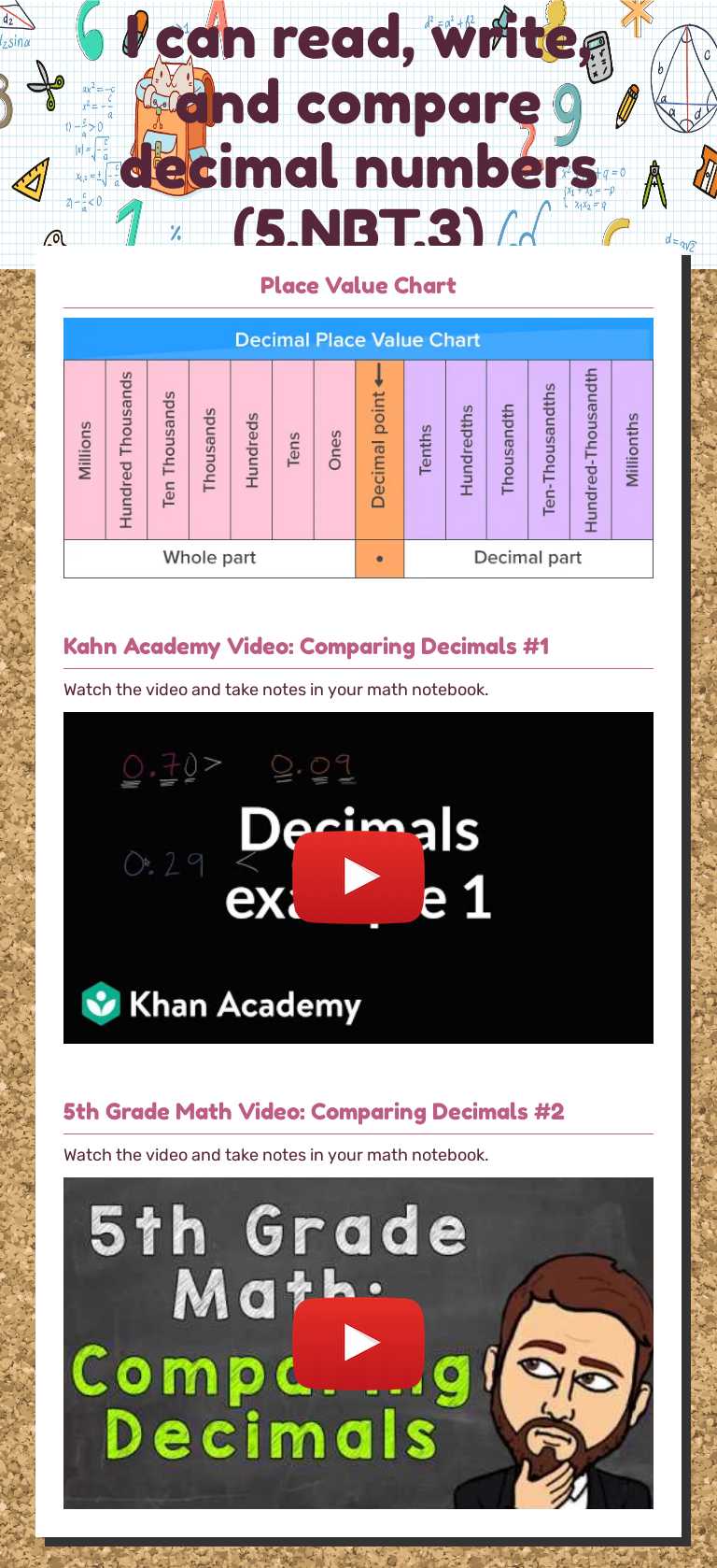 I can read, write, and compare decimal numbers (5.NBT.3) Grade 5 worksheet preview