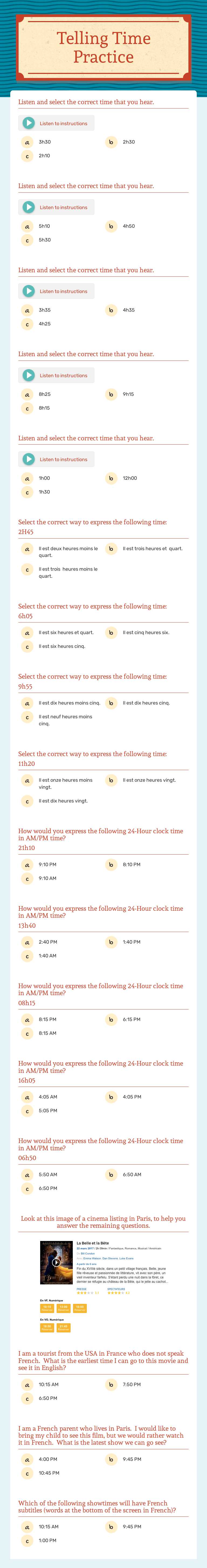Telling Time Practice Grade 6 worksheet preview
