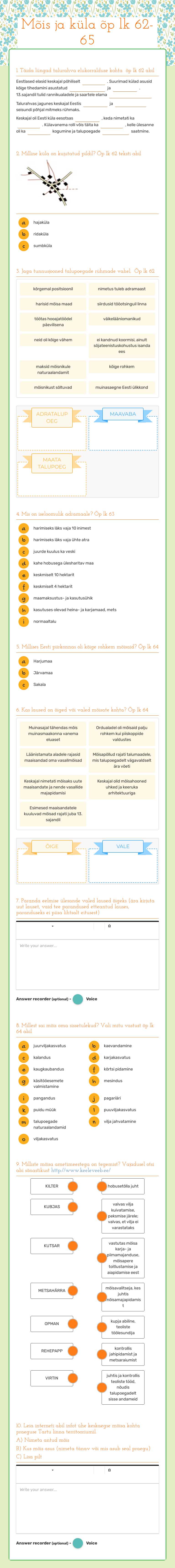Mõis ja küla õp lk 62-65 worksheet preview