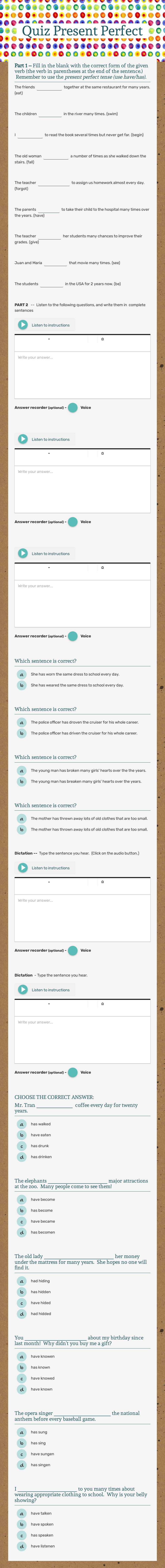 Quiz Present Perfect worksheet preview image