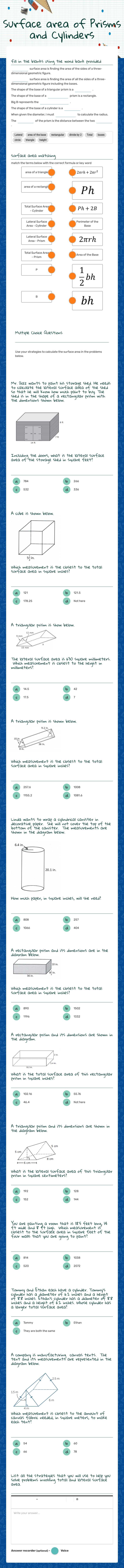 Surface area of  Prisms and Cylinders worksheet preview image