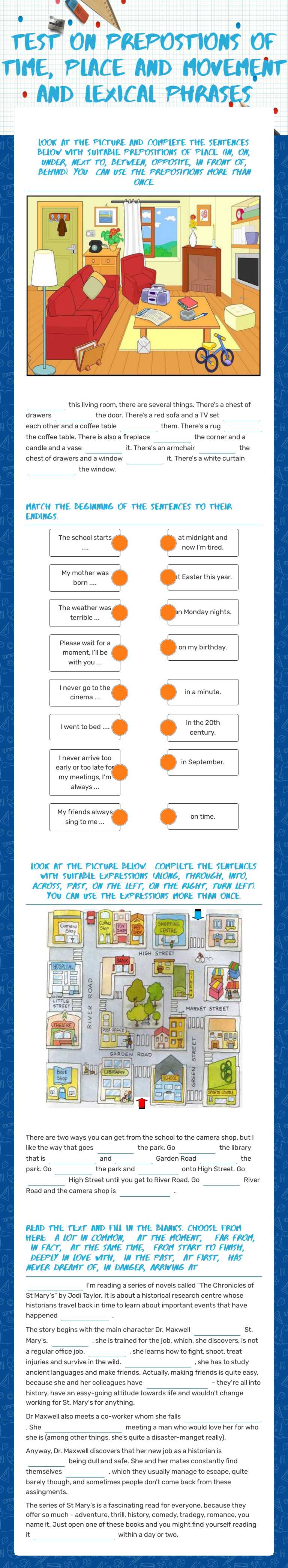 test on Prepostions of time, place and movement and lexical phrases Grade 6 worksheet preview