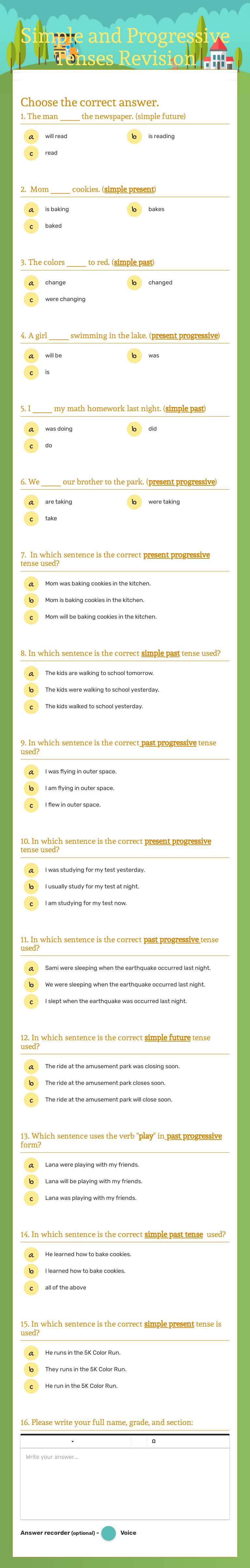 Simple and Progressive Tenses Revision worksheet preview image