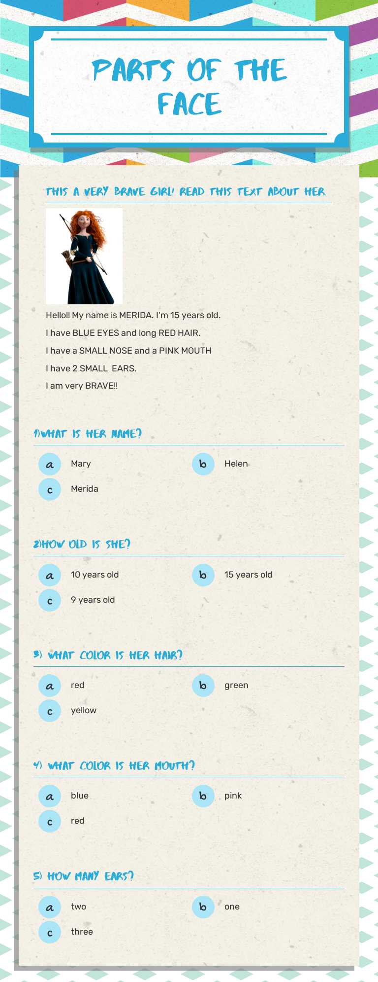 parts of the face Grade 1 worksheet preview