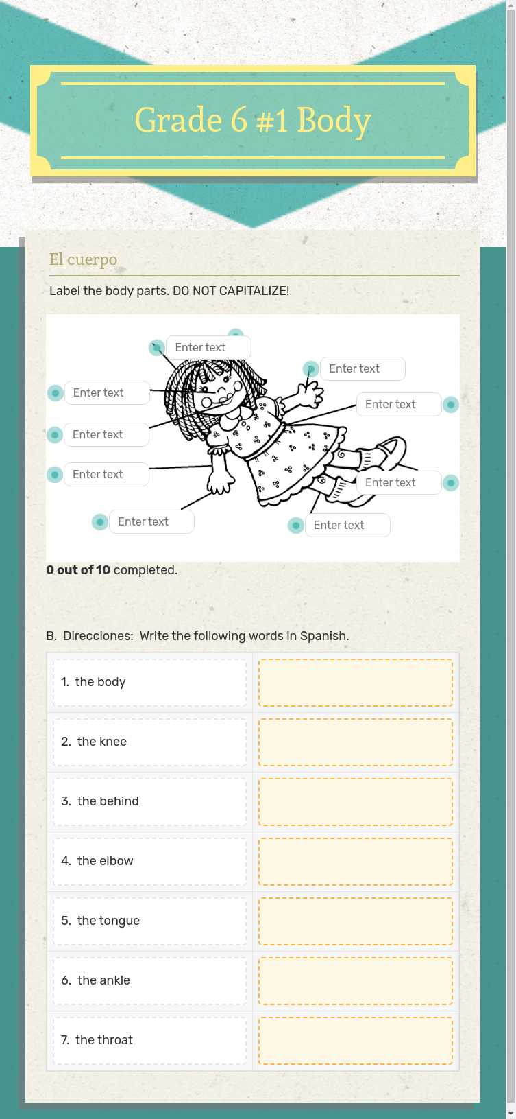 Grade 6 #1 Body worksheet preview image