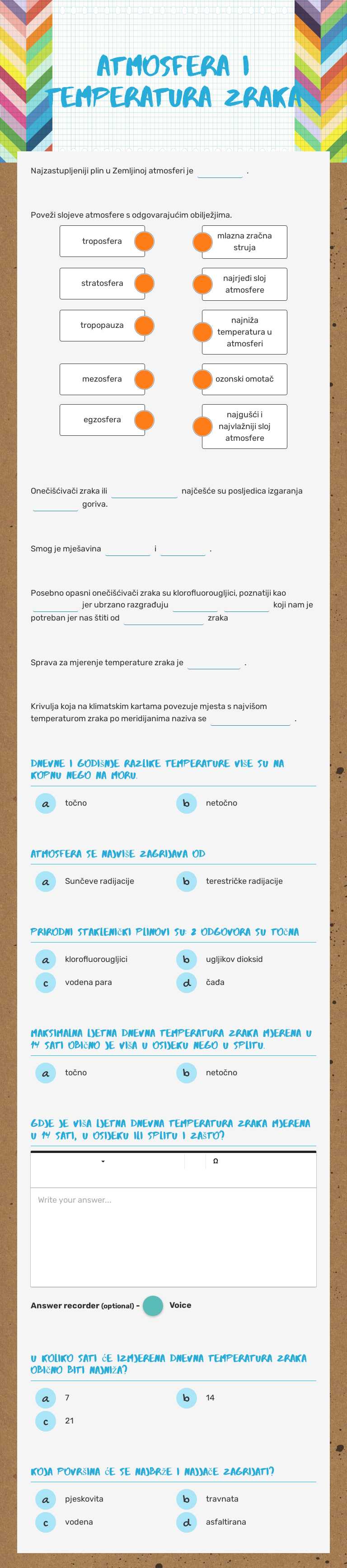 Atmosfera i temperatura zraka worksheet preview image