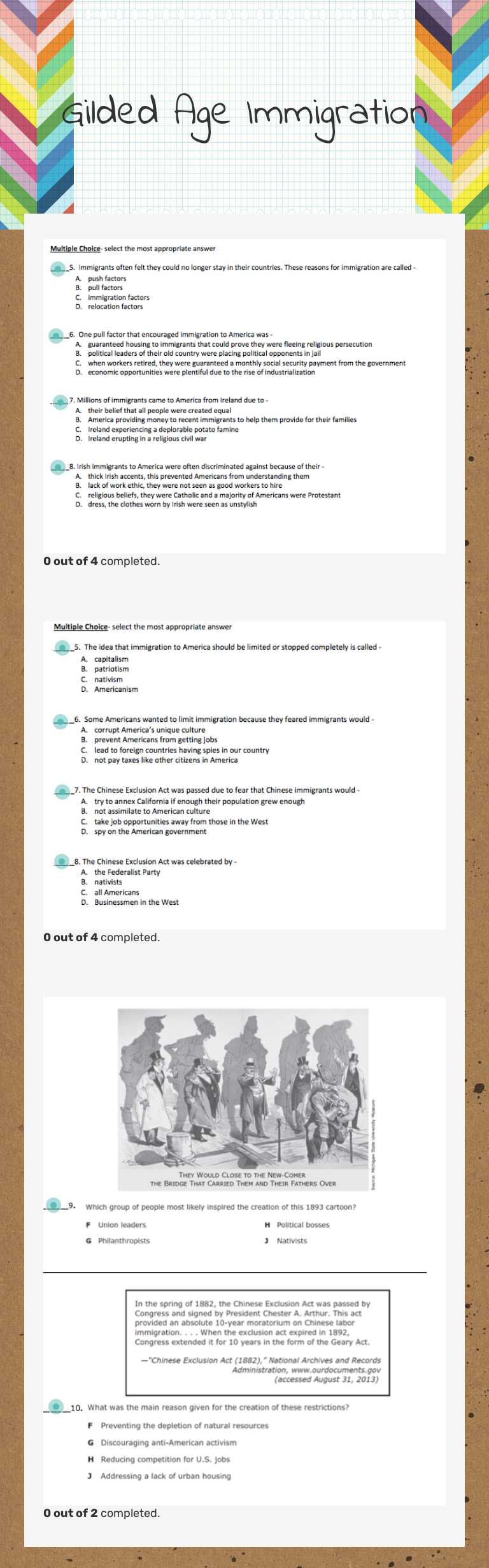 Gilded Age Immigration worksheet preview image