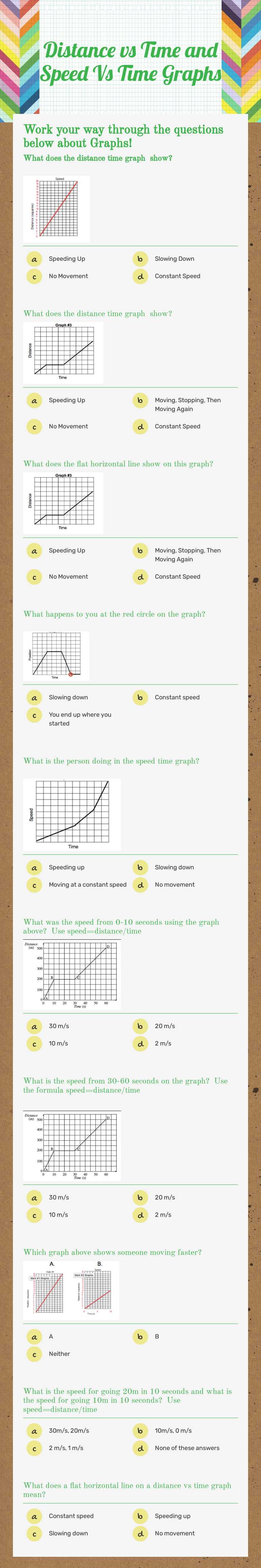 Distance vs Time and Speed Vs Time Graphs worksheet preview image