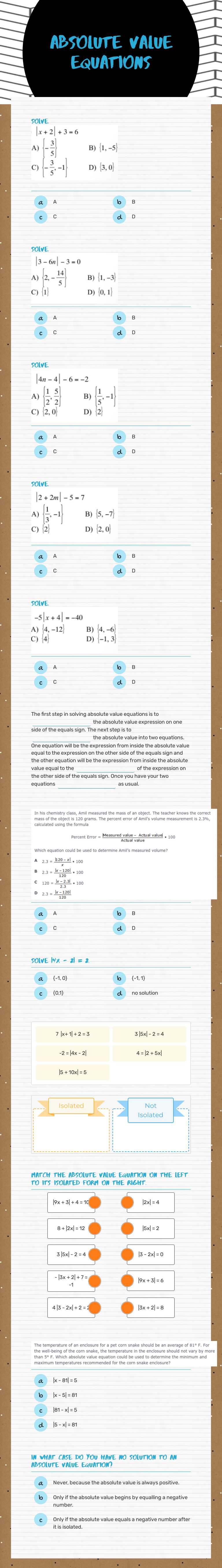 Absolute Value Equations Grade 10 worksheet preview
