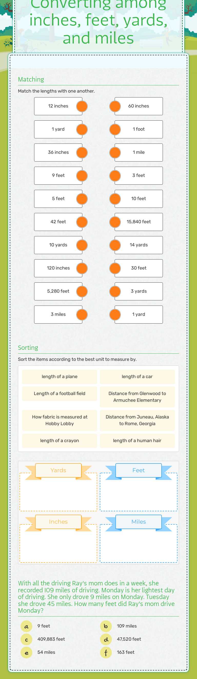 Converting among inches, feet, yards, and miles Grade 5 worksheet preview